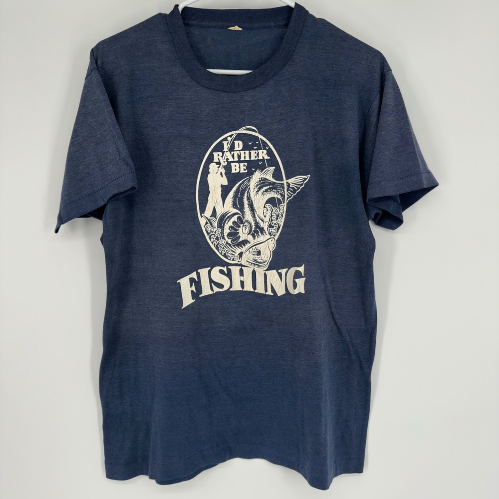 Vintage 80s Id Rather Be Fishing Shirt Blue Heather Single Stitch Graphic Tee M